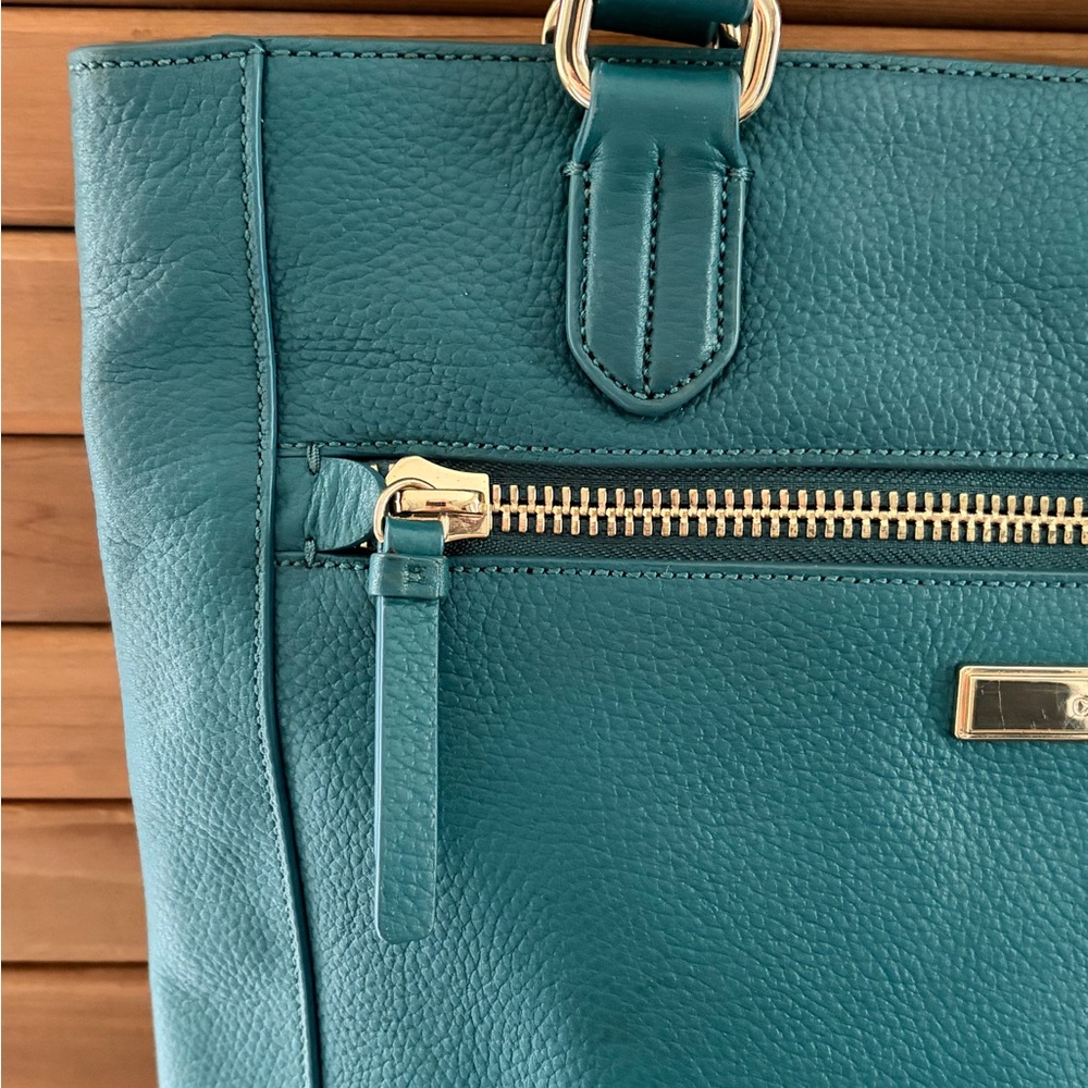 Cole Haan Teal Pebbled Leather Tote Structured Work Bag - Picture 4 of 8